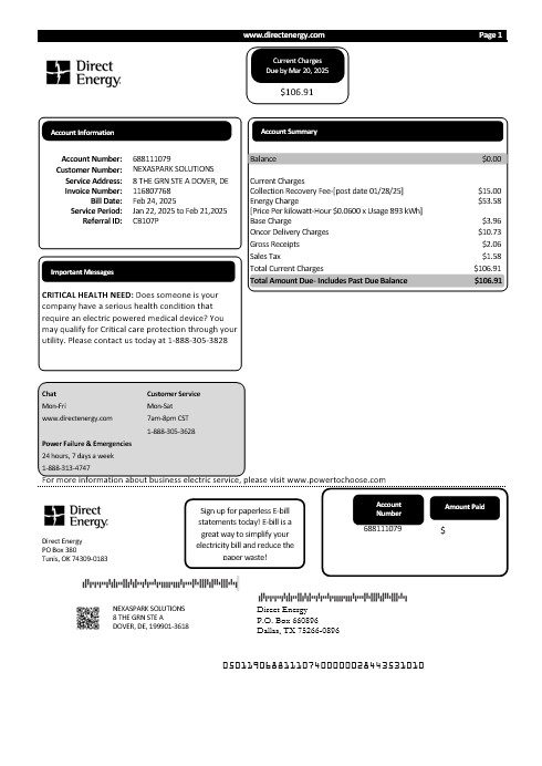 USA Texas Direct Energy business utility bill template in Word and PDF formats